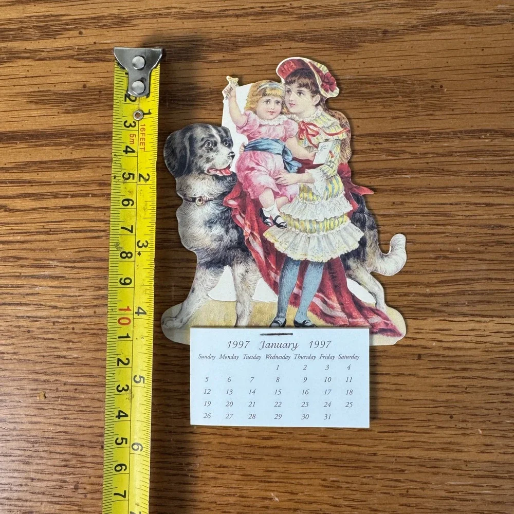 Vintage 1997‎ Die Cut Magnet Mini Calendar Victorian Lady Girl Dog